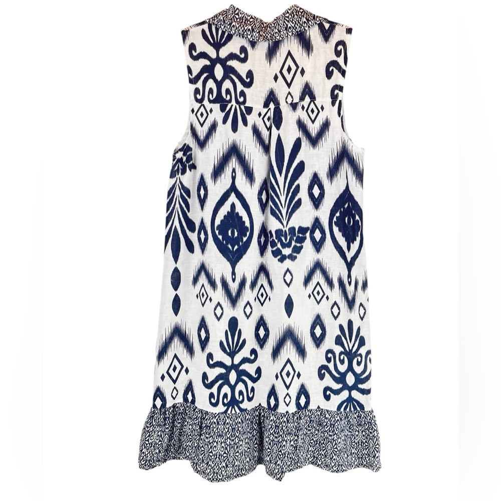 Luisa Perla 100% Linen Dress Sleeveless Blue White Ikat Print Resort Chic Sz S - Picture 2 of 12